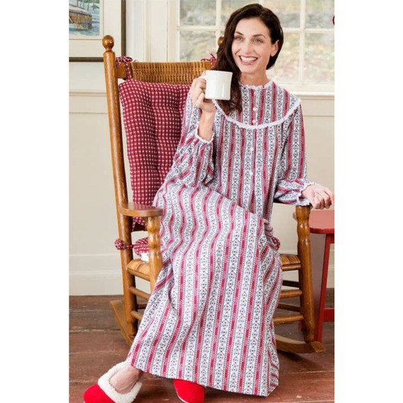 Lanz of Salzburg Womens Classic Flannel Tyrolean Cotton Eyelet Nightgown - Picture 1 of 11